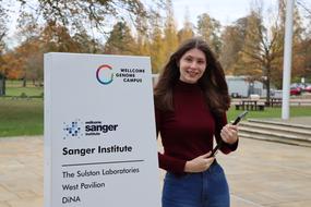 Undergrad student Beatriz Rodriguez Estevam winner of the Sanger Prize at the Sanger Institute in Fall 2025. Picture by Carmen Denman Hume, Communications Officer at the Wellcome Sanger Institute.